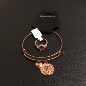 Rose Gold Tone Charm Bangle Bracelet Anchor and Heart Charms and Ring